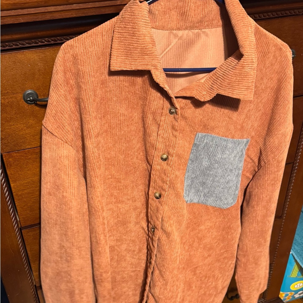Corduroy Button-Up Shirt with Gray Pocket